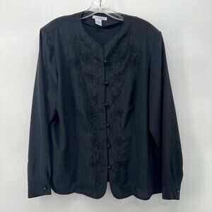 80s Vintage Ship N Shore Black Floral Blouse Top Black Pear Studded XL Size 18